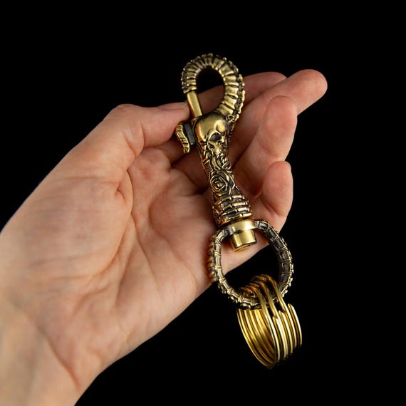 Brass carabiner keychain "Skeleton", handmade key chain, metal grunge keyring accessory for men and women