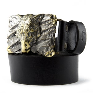 Leather Belt with Wolf buckle Fenrir, Old norse scandinavian Viking Mythology Werewolf Fenris Mens Leather Belt