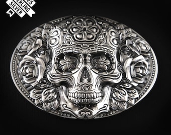 Skull El Día de Muertos belt buckle, sugar skull, Santa Muerte, solid 925 Sterling Silver belt buckle, The Day of the Dead skull buckle