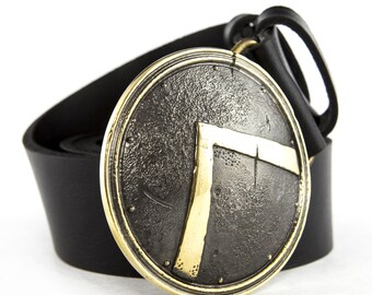 Leather belt with solid buckle Spartan Shield, Military ancient Sparta warrior King Leonidas shield solid brass and nickel silver buckle