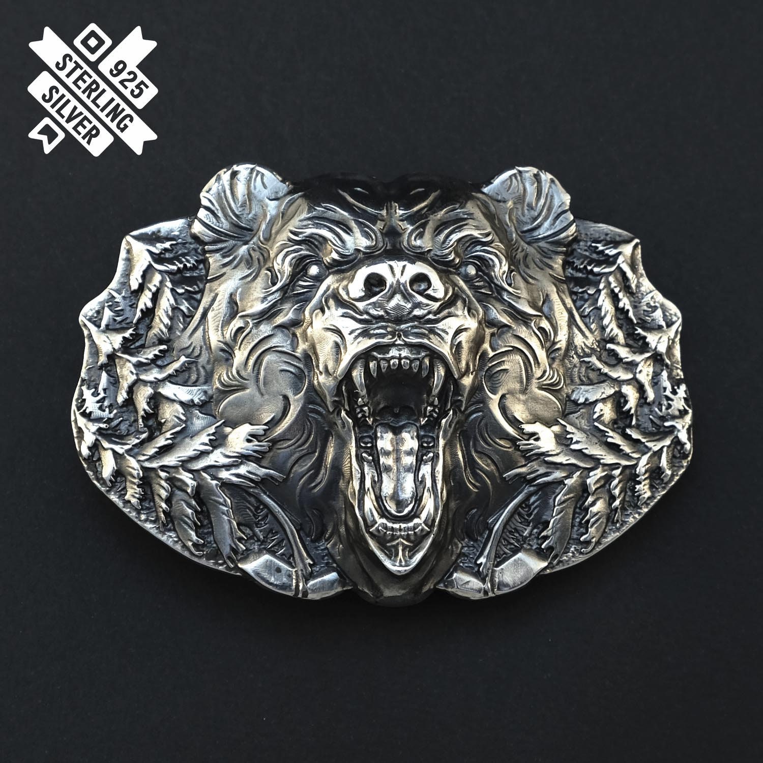 Grizzly Bear belt buckle, Wild North American brown Bear solid 925 Sterling Silver belt buckle