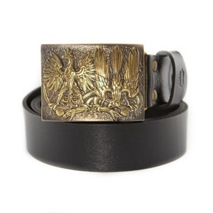 Leather belt with brass buckle Snake Wranglers, Eagle and falcon fighting the evil Serpent solid belt buckle, Poland eagle, birds of prey
