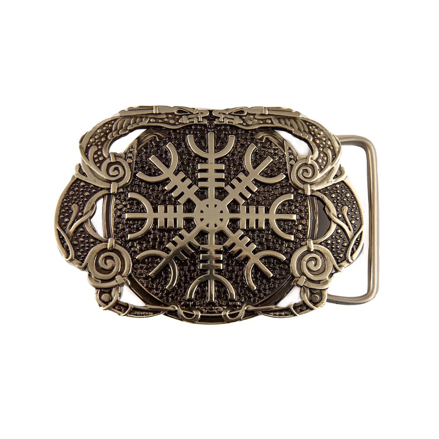 Helm of Awe nickel silver belt buckle, Viking Helm of Terror Old Norse Scandinavian Pagan belt buckle, Aegishjalmur with dragons buckle