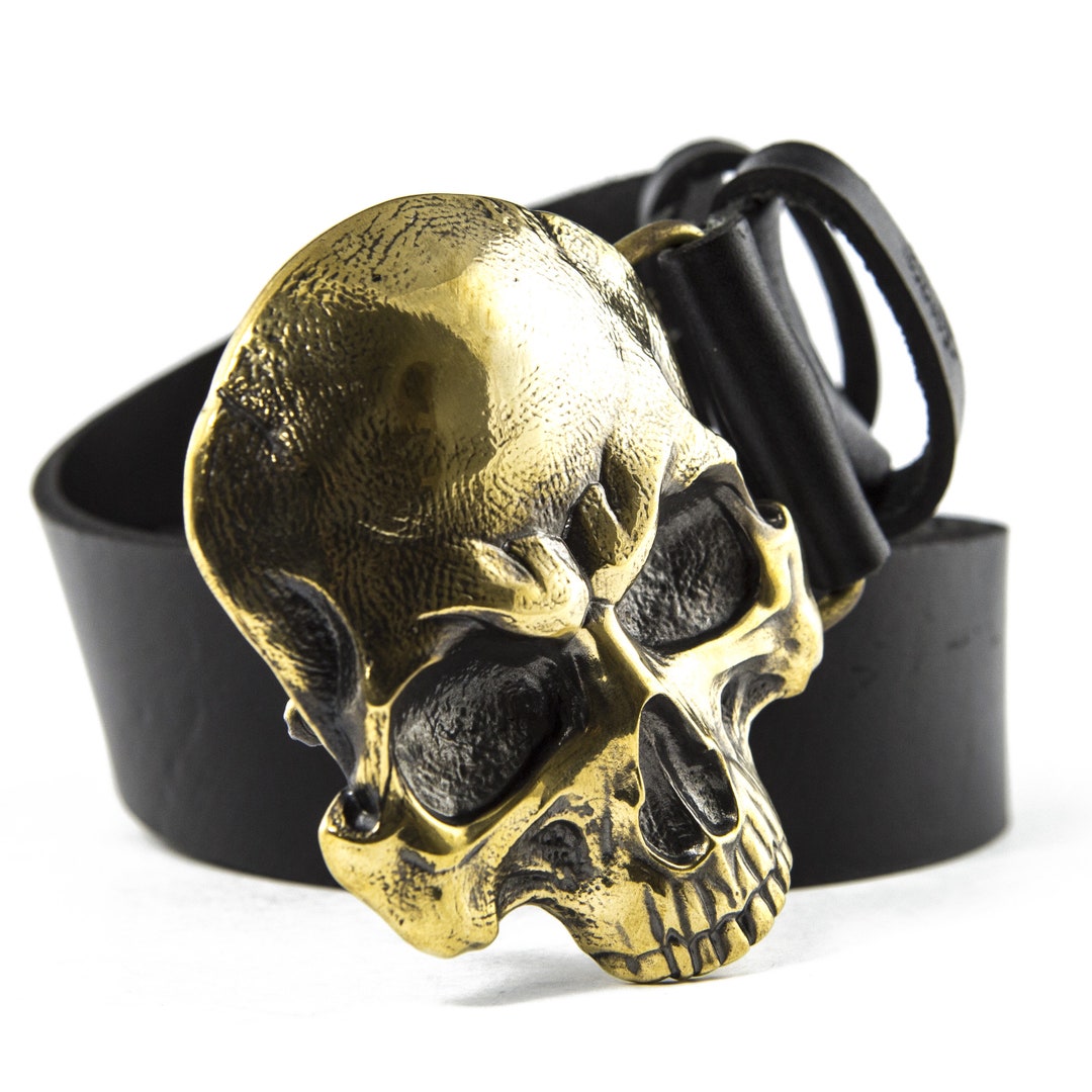 Double Sided Metal Skull Buckle Leather Belt Amazon.com: KLAMRA Leather belt with solid brass buckle  main image 2