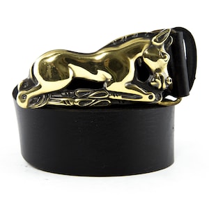 Leather belt with solid brass buckle Scythian horse, Primitive Scythian art ancient animal symbol buckle for men and women on casual belt