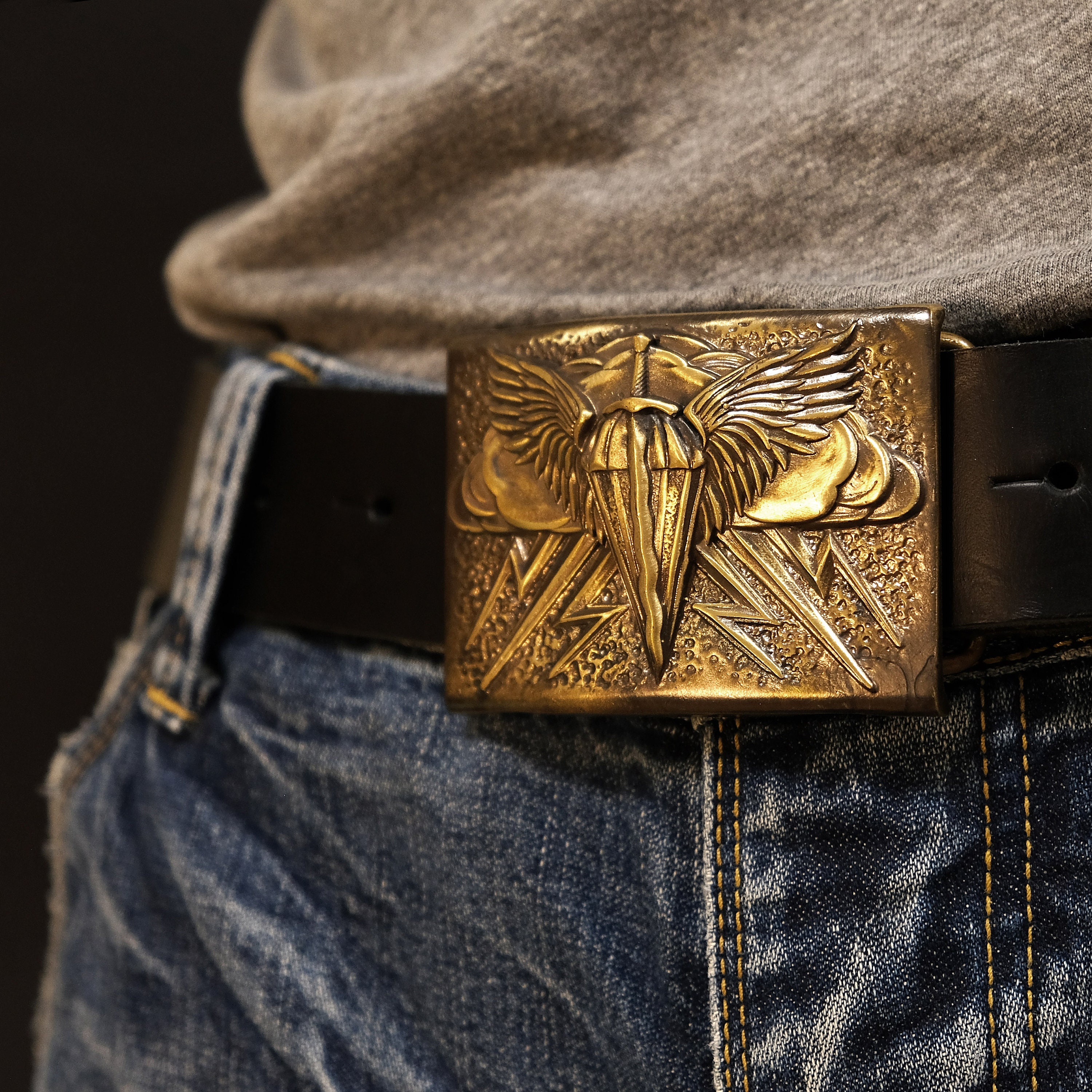 Leather Belt With Handmade Brass Buckle Paratroopers Emblem