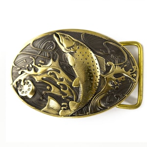 Trout Belt Buckle, Handmade solid brass belt buckle Salmon, Fisherman belt buckle gift for men and women anglers