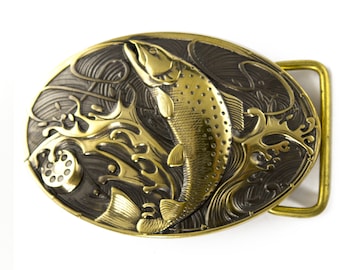 Trout Belt Buckle, Handmade solid brass belt buckle Salmon, Fisherman belt buckle gift for men and women anglers