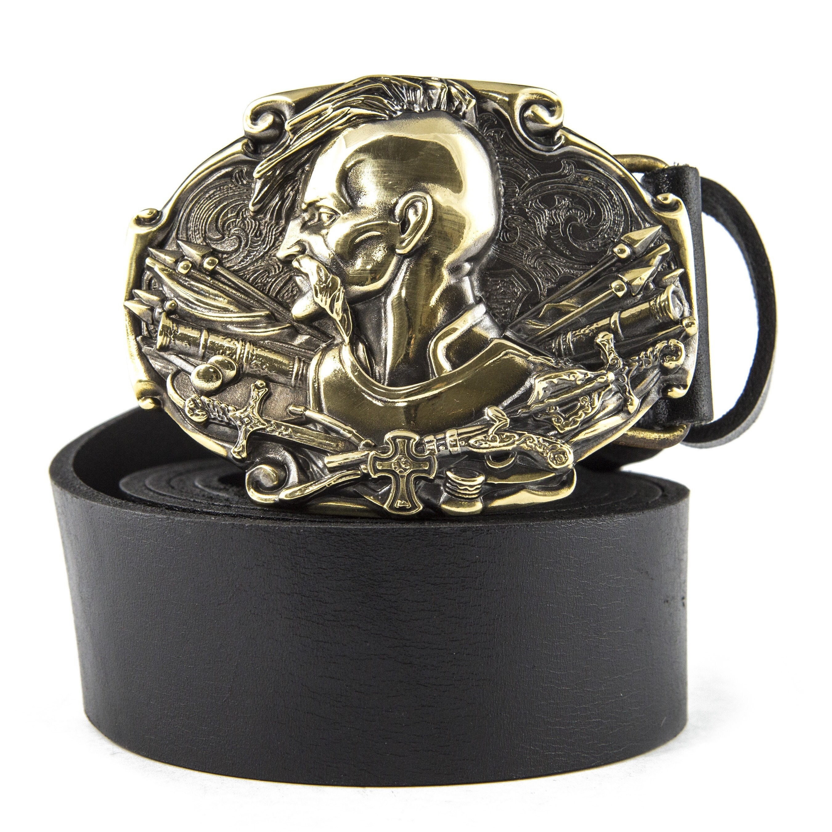 Leather Belt With Buckle Cossack, Handmade Ukrainian Warrior
