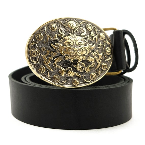 Leather Belt With Cancer Zodiac Buckle, Crawfish Crab Horoscope
