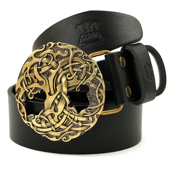 Leather Belt With World Tree Belt Buckle, Scandinavian Nordic