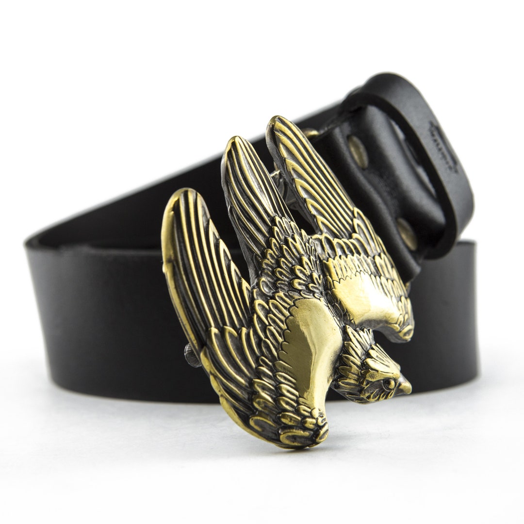 Leather Belt With Hunting Falcon Solid Brass and German Silver Buckle,  Handmade Mens Full Grain Leather Belt