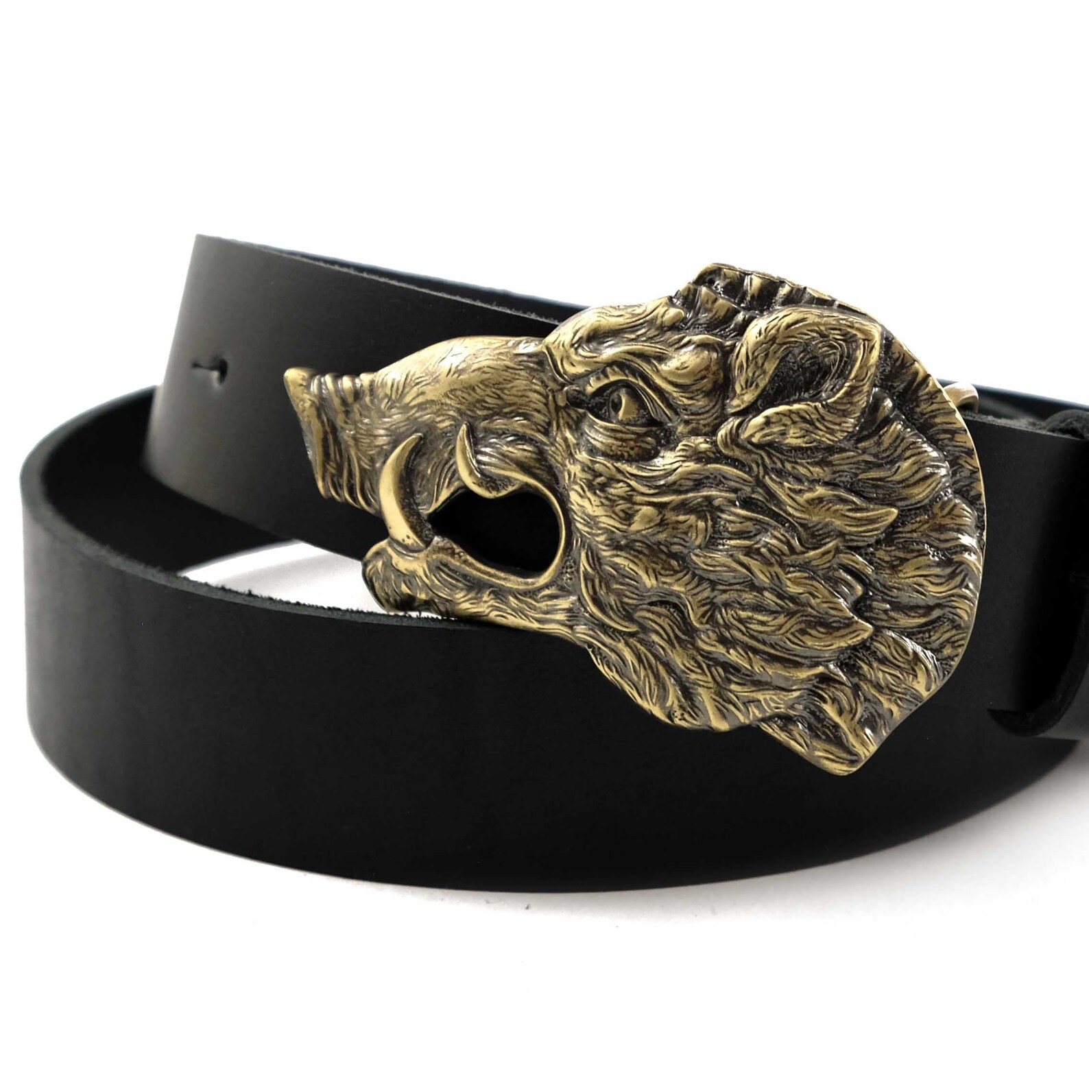 Leather Belt With Solid Brass Buckle Wild Boar Head Handmade Etsy