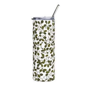 May include: A white tumbler with a green and white botanical pattern featuring leaves and berries. The tumbler has a silver lid and a silver straw. The design is repeated around the entire tumbler.
