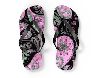 Pink Paisley Flip Flops Floral Pattern Beach Sandals Summertime Flip Flops