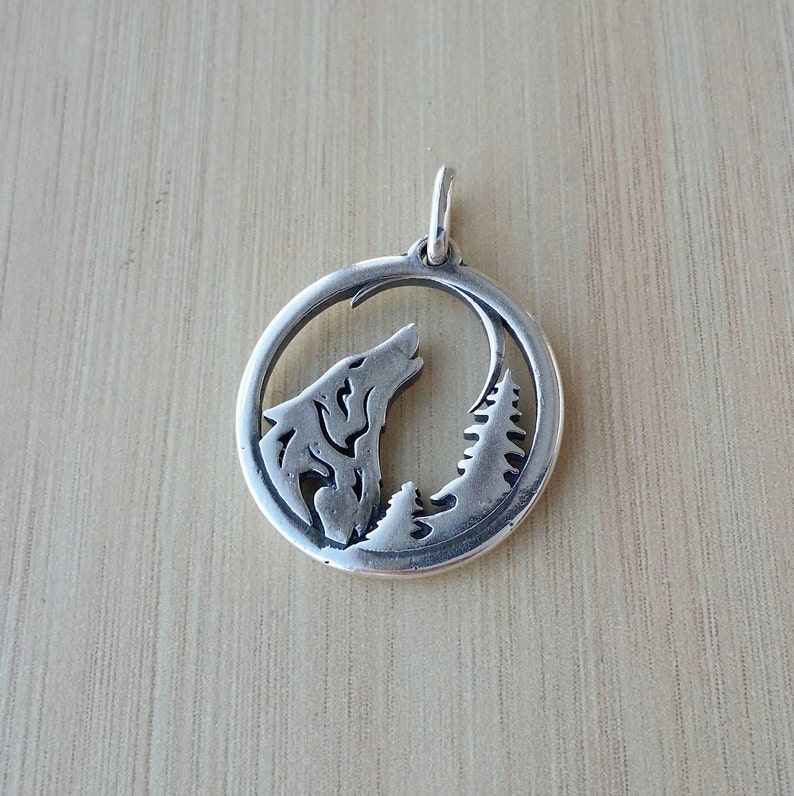 Handmade Sterlign Sivler Wolf in Forest Pendant