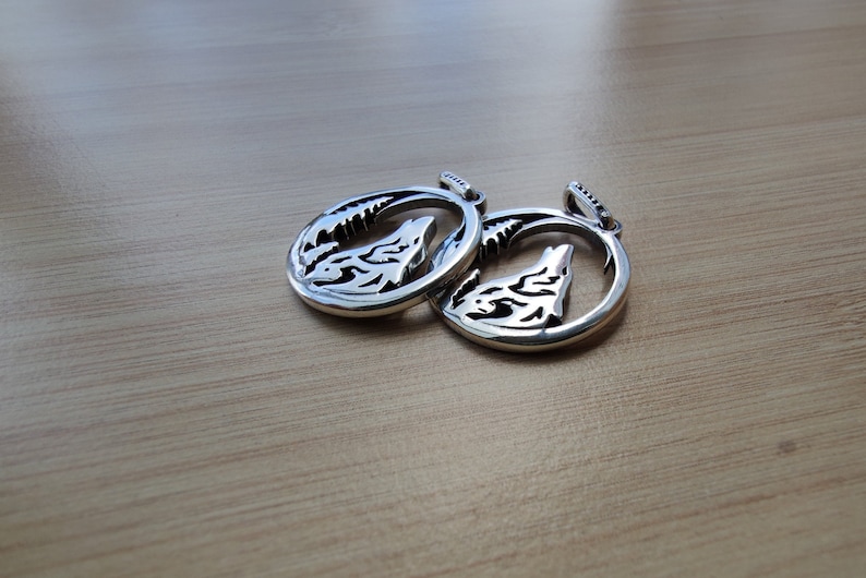 Handmade Sterlign Sivler Wolf in Forest Pendant