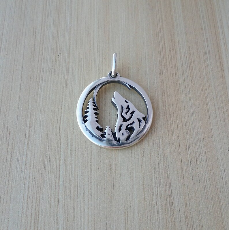 Handmade Sterlign Sivler Wolf in Forest Pendant