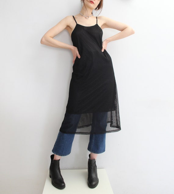 90s Vintage Fishnet Black Midi Dress