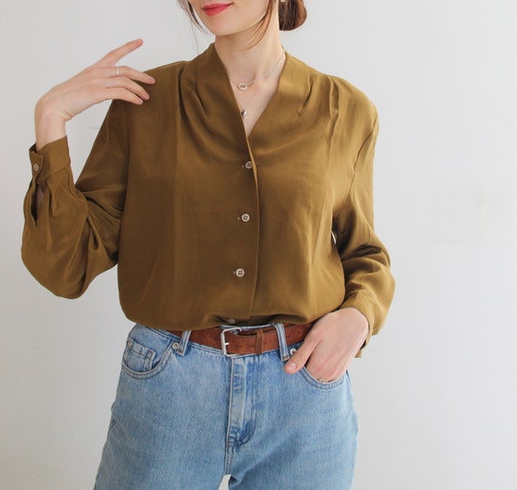 Vintage 90s Mustard Brown Pure 100% Silk Blouse