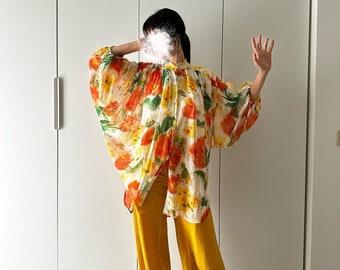 Vintage 70s Psychedelic Gauze Cotton Wide Sleeve Blouse