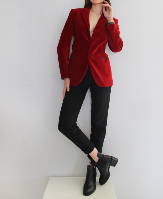 90's Jean Paul Gaultier Crimson Red Velvet Blazer… - image 8