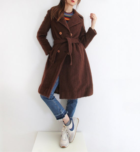 Vintage 70s Fuzzy Hairy Mohair Wool Coat, Brown