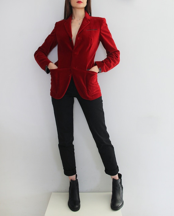 90's Jean Paul Gaultier Crimson Red Velvet Blazer… - image 6