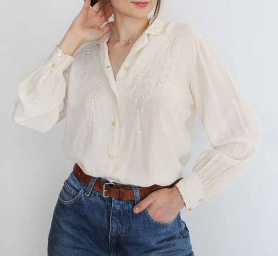 Vintage 40's Floral Embroidered Pure Silk Blouse