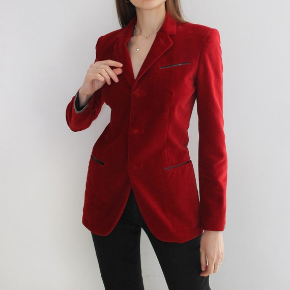 90's Jean Paul Gaultier Crimson Red Velvet Blazer… - image 7