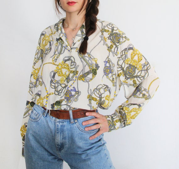 90s Vintage Equestrian Pure Silk Blouse in Gold Ch