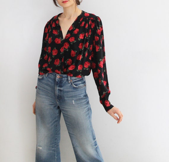 90s Vintage Red Roses Pure Silk Blouse