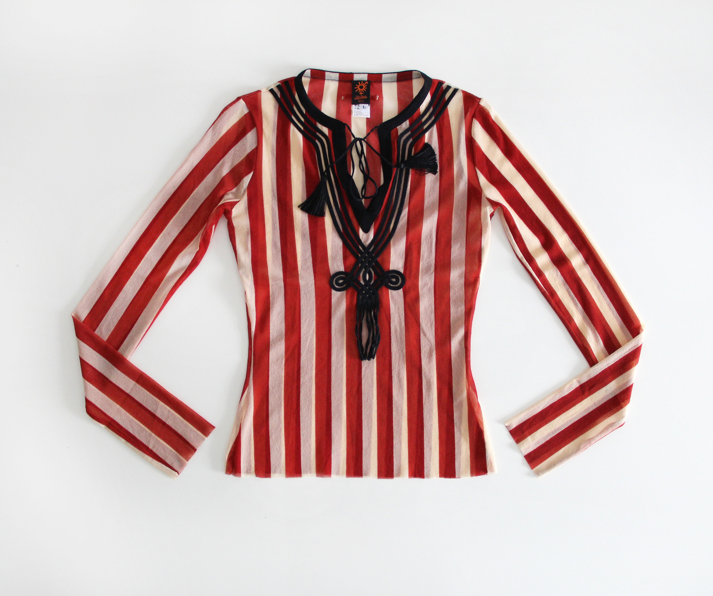 90s JEAN PAUL GAULTIER Soleil Red Stripes and Tassels Sheer Mesh