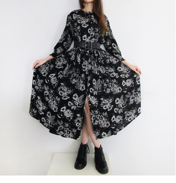 80's Vintage Black Floral Prairie Dress