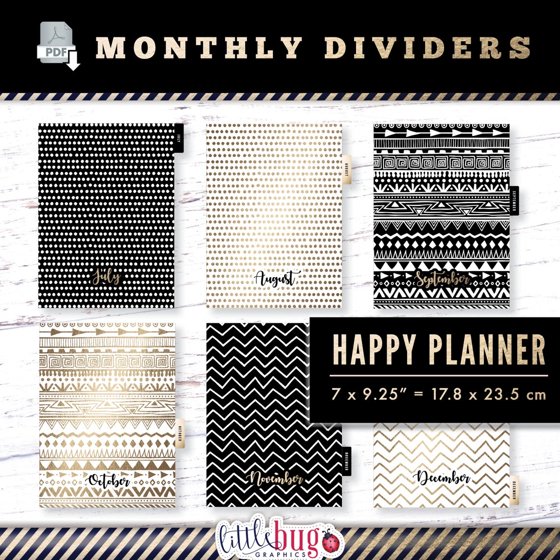 Monthly classic happy planner dividers black white gold hand etsy