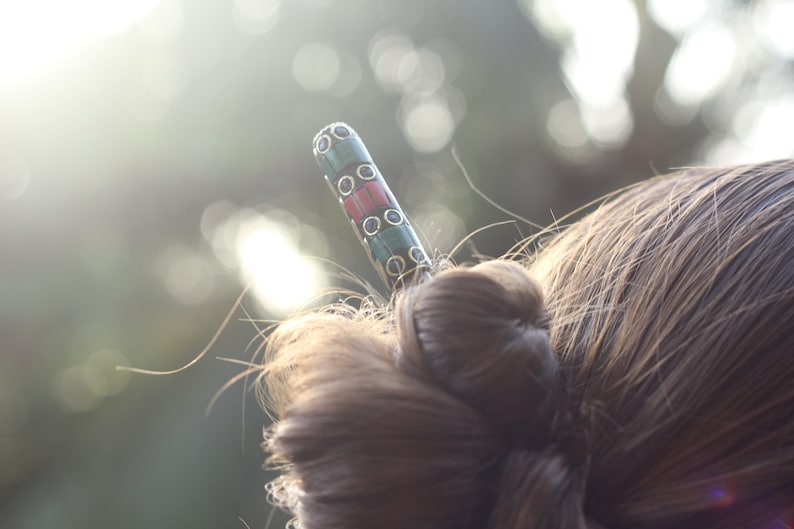 pretty gift for her Wooden hair pick with coral and turquoise boho hair design wood hair stick big hair pin fork bun holder