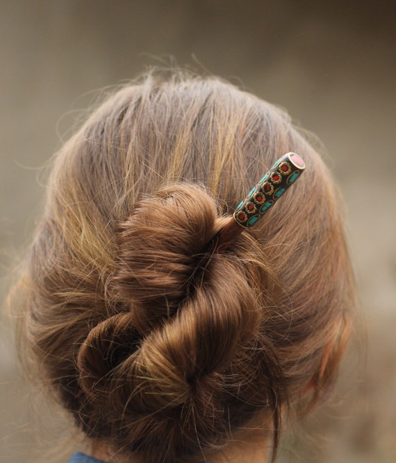 Wooden Hair Pick With Cs And Turquoise Wood Stick 50