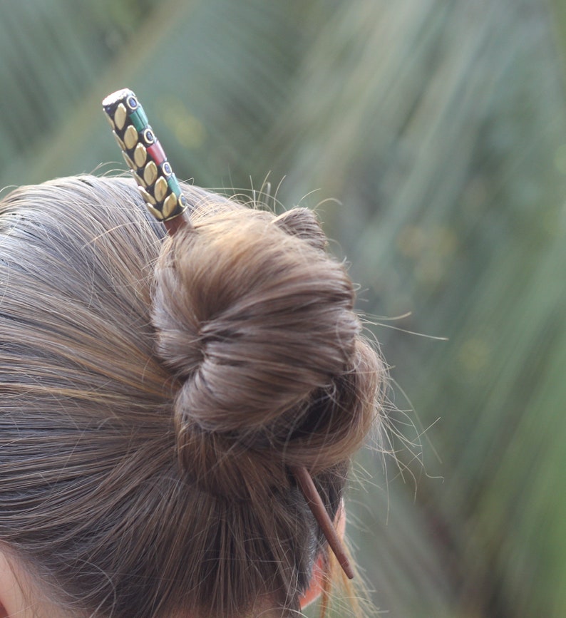 pretty gift for her Wooden hair pick with coral and turquoise boho hair design wood hair stick big hair pin fork bun holder