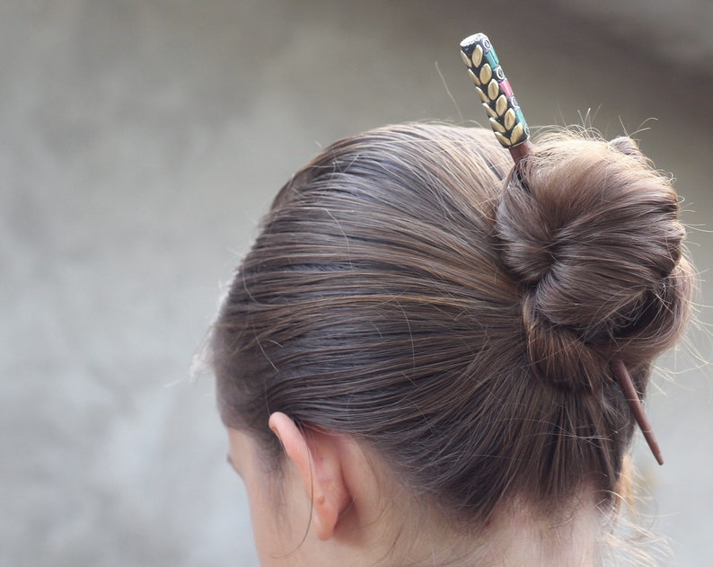 pretty gift for her Wooden hair pick with coral and turquoise boho hair design wood hair stick big hair pin fork bun holder