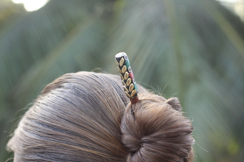 pretty gift for her Wooden hair pick with coral and turquoise boho hair design wood hair stick big hair pin fork bun holder
