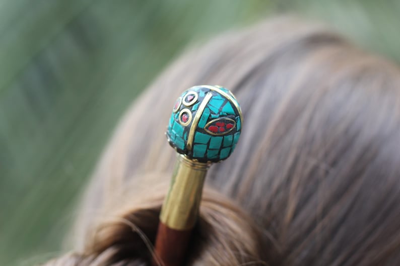 fork bun holder Wooden hair pick with corals and turquoise wood hair stick big hair pin for boho hair design
