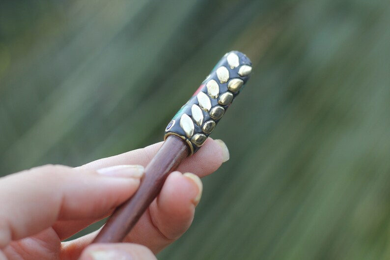 pretty gift for her Wooden hair pick with coral and turquoise boho hair design wood hair stick big hair pin fork bun holder