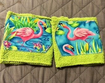 Flamingos Theme Green Washcloths New Set of 2