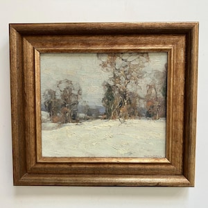 ¡RESERVADO! Frank Swift Chase (1886-1958), óleo sobre cartón firmado, Bosques del Norte, vista de 24 cm de ancho x 20 cm de alto, escena invernal americana.