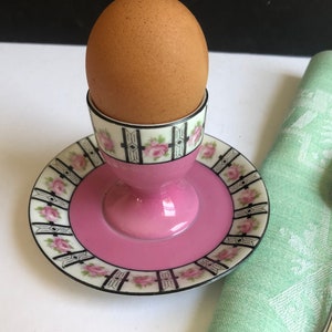 Vintage Victoria Czechoslovakia Porcelain Egg Cup & Saucer: Pink Floral Breakfast Set