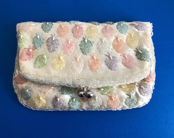 Vintage white satin beaded clutch with exquisite hand beaded pastel beads, seed pearls, chrome ball closure mid century fold over clutch