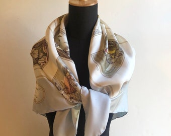 Vintage Burberry London silk scarf, Burberry Diary blue, Queen&#39;s Golden Jubilee, monthly Victorian vignettes, 2002, silk twill scarf, Italy