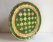 Vintage Florentine wood tole tray, emerald green and gold, 15 1 2 quot , serving tray, checkerboard, scalloped edge, distressed, kitchen decor
