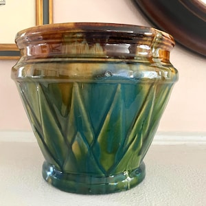 Antique Nelson McCoy V planter, Sunburst planter, Jardinière, blue, green, brown, 7" tall