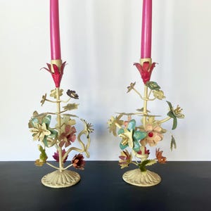 Vintage pair Italian toleware candlestick holders with multi-colored flowers, 10 3/4&quot; tall, faded dreamy patina, sturdy base, European decor